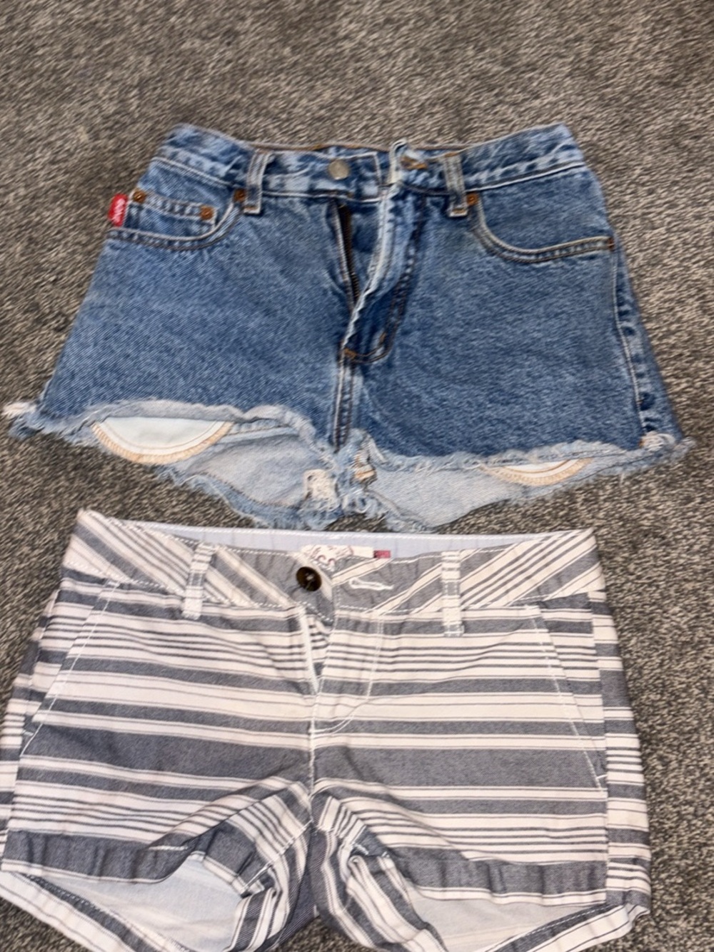 SO Girls Blue Denim Cutoff Shorts and Striped Gray-White Knit Shorts